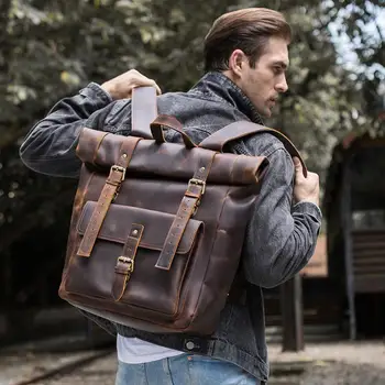 

Tiding Retro Men's Cowhide Backpack Large Capacity 17 inch Computer Bag Outdoor Back Pack Crazy Horse Leather Travel Backpack