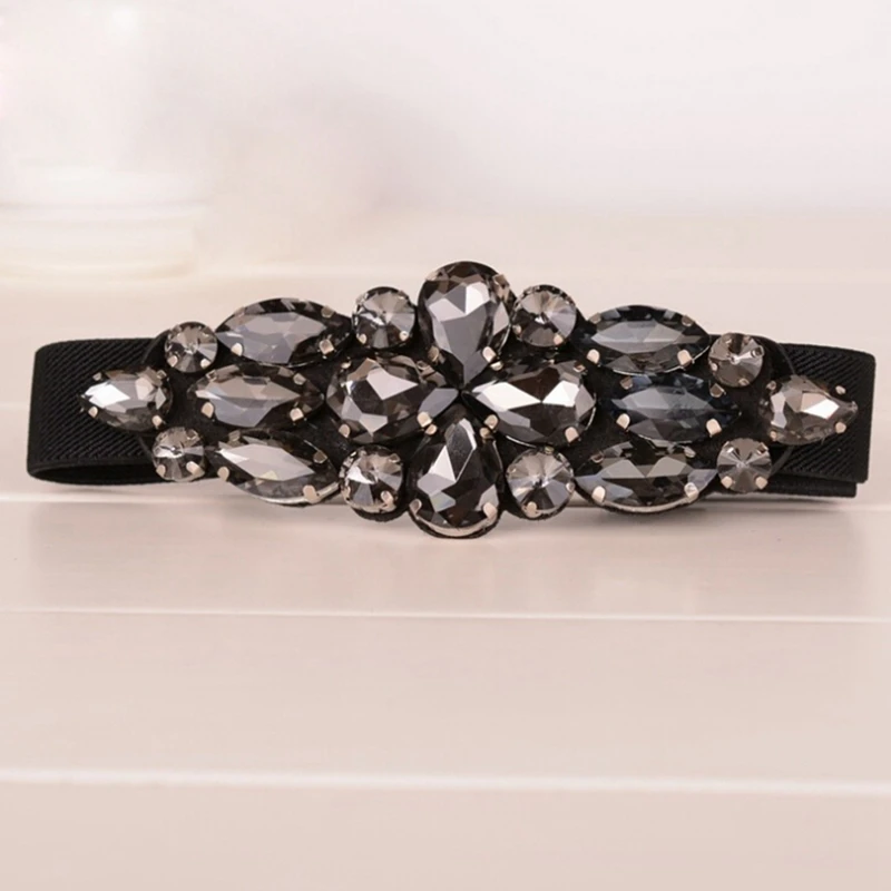 

Gorgeous Crystal Flower Buckle Elastic Waist Belt Skinny Strap Waistband Cinch Fashion Women's Corset Black Color