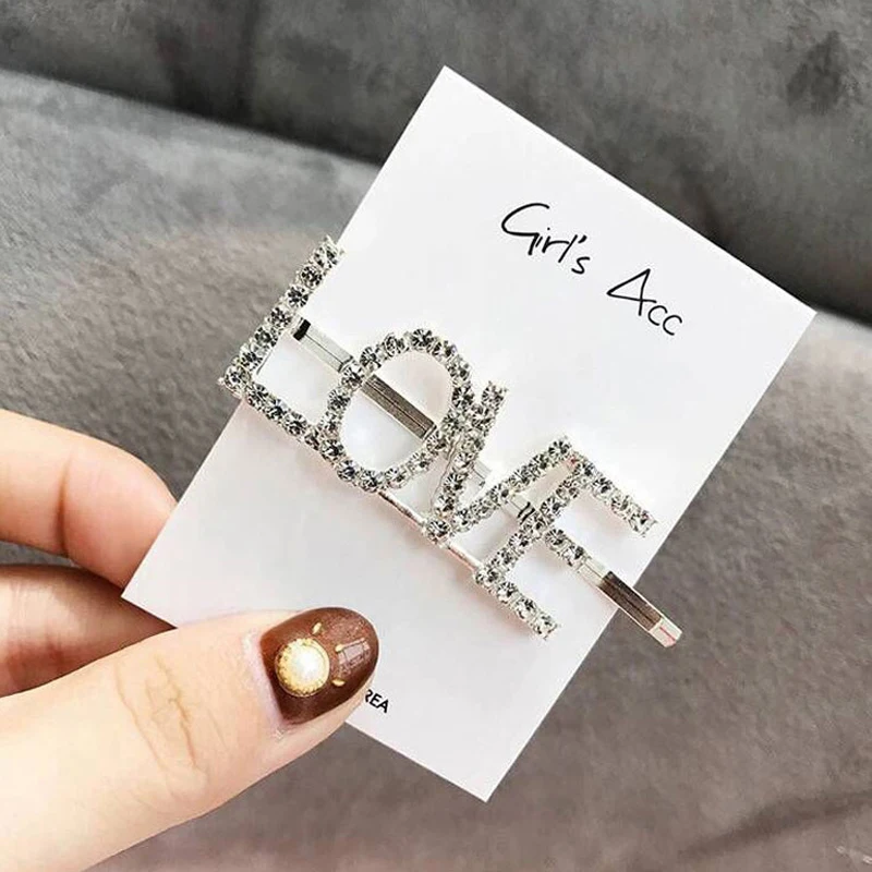 

Fashion Rhinestone Bling Letter Hairpins Headwear for Women Silver Hairpin Girls Hair Clips Pins Barrette Tools Hair Accessories