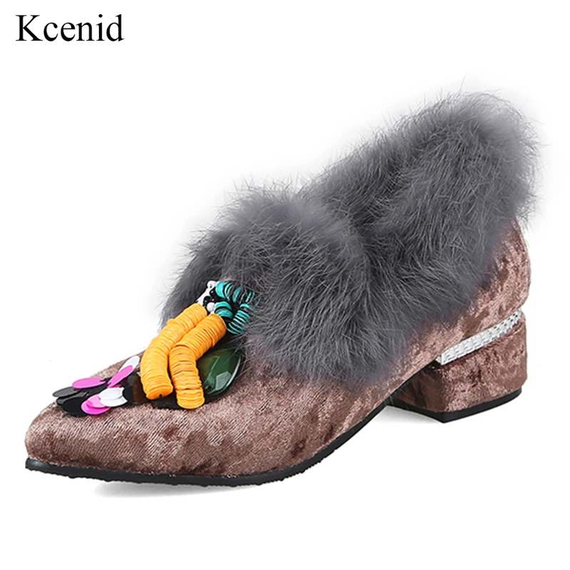 Kcenid/Женская обувь размера плюс; модная Женская Популярная бархатная повседневная обувь с блестками; удобные лоферы без застежки на низком каблуке с кроличьим мехом