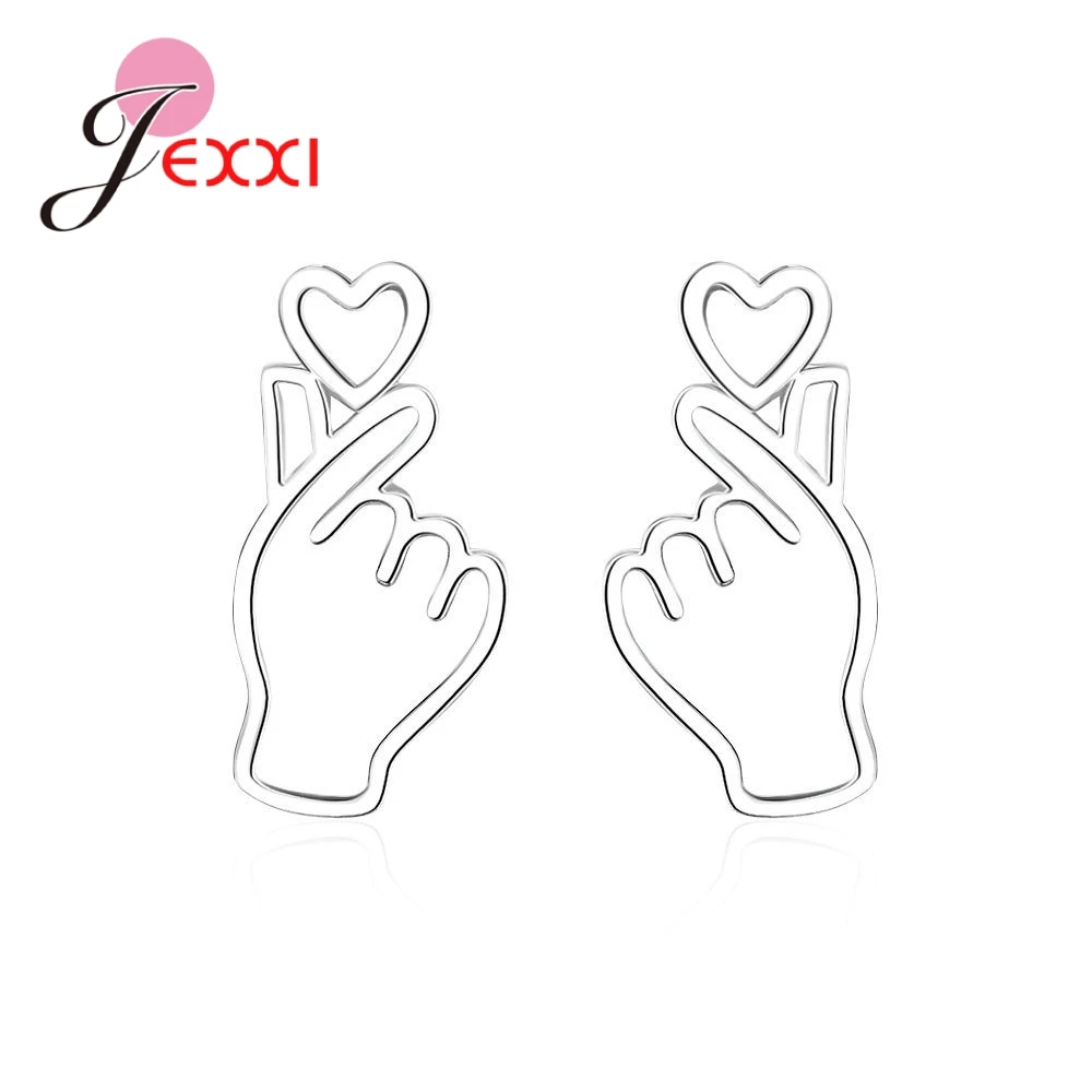 

JEXXI Trendy Newest Heart Finger Shape Stud Earrings For Women Sterling 925 Silver Jewelry Wedding Fine Top Pendientes Brincos