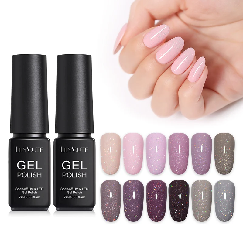 LILYCUTE 7ml Nail Glitter UV Gel Polish Shiny Grey Purple Colors Soak Off Long Lasting UV 3
