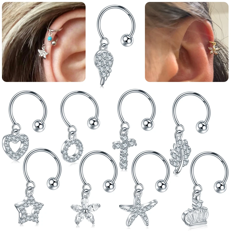 

1PC Steel Dangle CZ Cartilage Hoop With Brass Crown Heart Pendant Rook Tragus Lobe Helix Lip Ear Piercings Gift Jewelry 20G