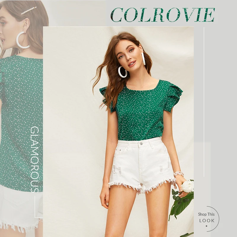 COLROVIE, зеленая, с рукавом-бабочкой, в горошек, Boho, блузка, рубашка, для женщин, милые топы,, летние, коричневые, для отдыха, для девушек, блузки