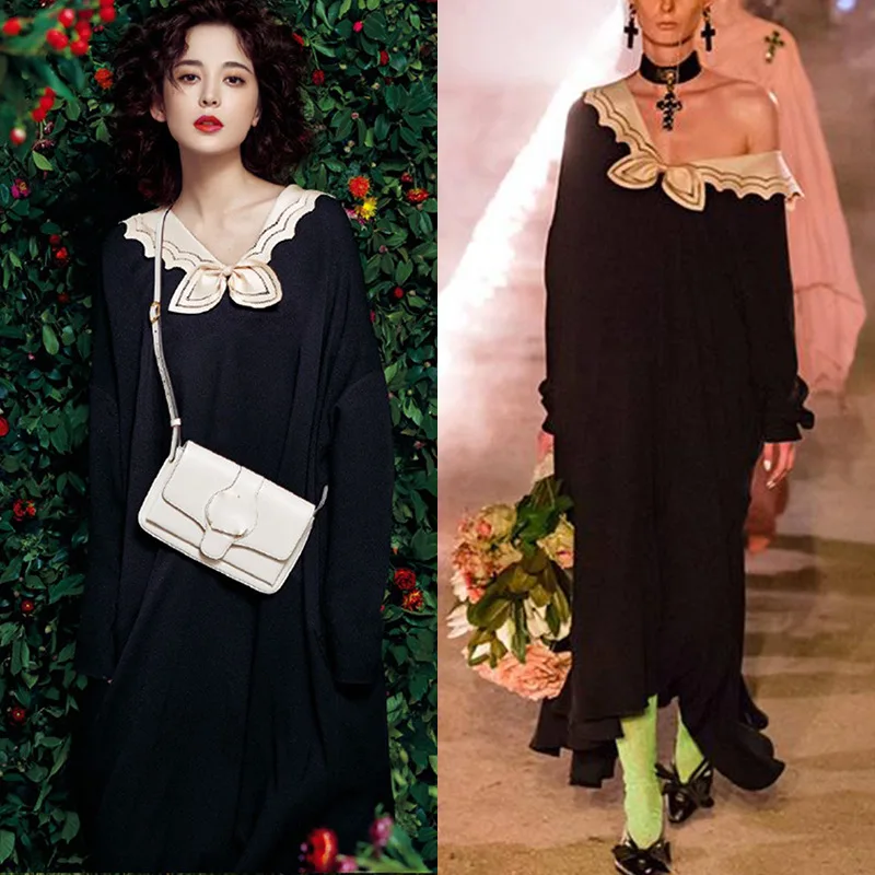 

Black Dress Spring 2019 New Doll Retro Hepburn Irregular Long Mid-Calf Zippers Patchwork Asymmetrical Black Dress Women