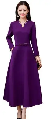 

spring elegant Women purple V Neck Pleated Women Dress Vintage Bandage Long Sleeve Party Women Dresses Vestidos DC786