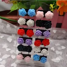 OMH партия из 12 пар, цвета: красный, розовый, черный, смешанный Европа и Америка Изысканная модная одежда для девочек розовый цветок серьги-гвоздики с эпоксидной смолой EH317