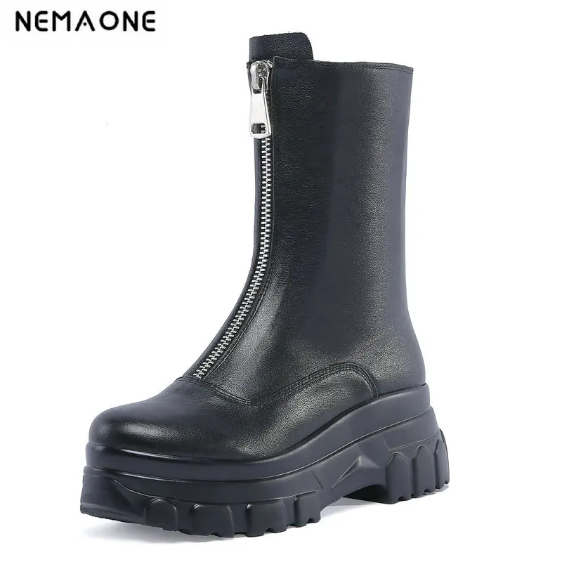 

NemaoNe winter thick bottom women boots waterproof genuine leather boots zipper female ankle boots white black large size 41 42