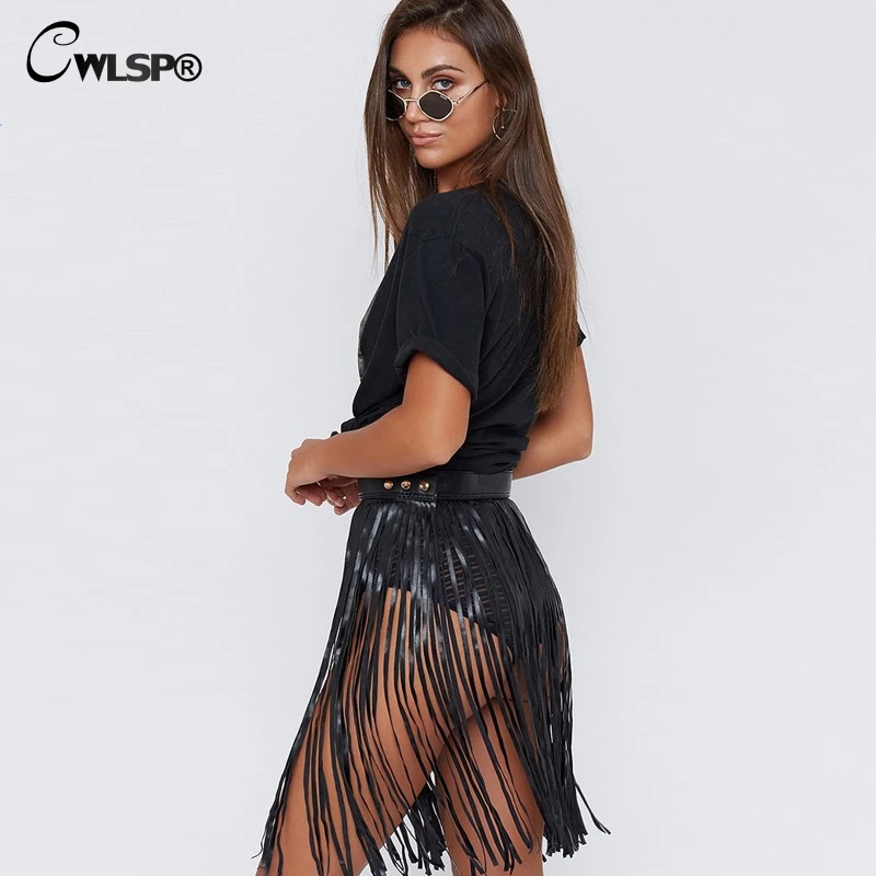 CWLSP Sexy PU Tassel Skirt For Women Hollow Out 2018 Summer Lady Fashion Mini Leather Short Skirts Saia QZ2782