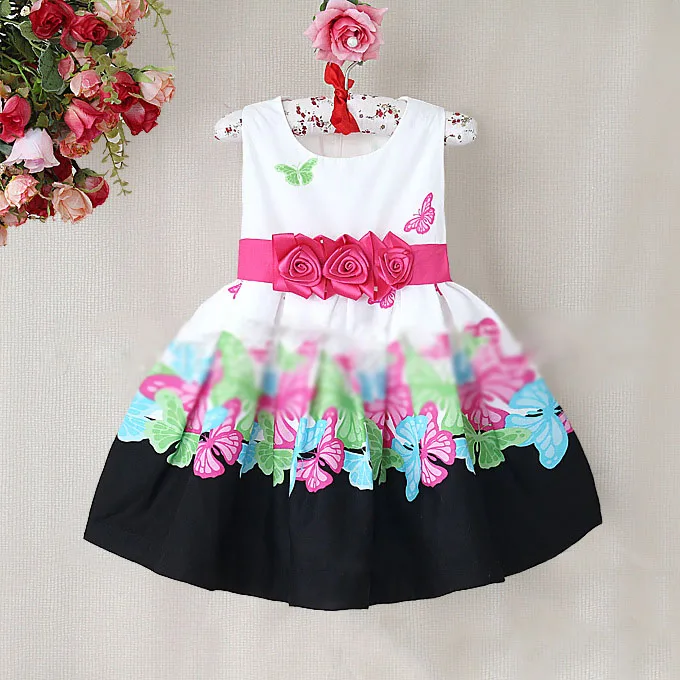 Высококачественные платья с принтом бабочки для маленьких девочек с тремя бантами; модное дизайнерское детское платье; Прямая - Цвет: rose