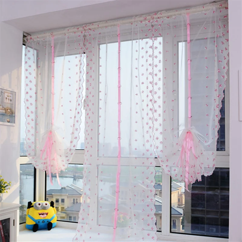 European white pink floral short Roman tulle valance curtains for Kitchen windows living room bedroom bay door | Дом и сад