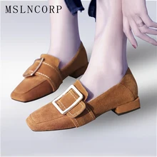 Большие размеры 34-43; женская обувь из натуральной кожи на плоской подошве; сезон весна-осень; женские неглубокие повседневные туфли без застежки с металлическим украшением и квадратным носком