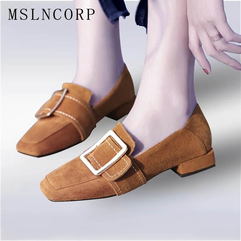 

Plus Size 34-43 Genuine Leather Spring Autumn Women Flats Shoes Ladies Metal Decoration Square Toe Slip-On Shallow Casual Shoes