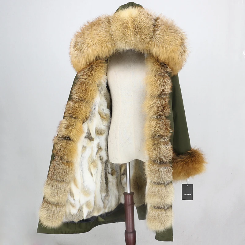 Пальто с натуральным мехом, брендовая Водонепроницаемая парка, Длинная зимняя куртка для женщин, Воротник из натурального Лисьего меха, капюшон, подкладка из натурального кроличьего меха, уличная одежда - Цвет: green gold4