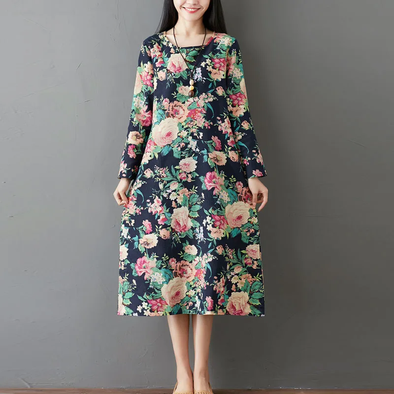 

Vintage Cotton Linen Dress for Women Plus Size Floral Print O-neck Long Sleeve Autumn Dress Loose Spring Midi Dresses Vestidos