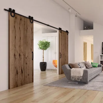 

(US Free shipping) 12FT Black Antique Horseshoe Solid Steel Sliding Rolling Barn Door Hardware Kit for Double Wood Doors