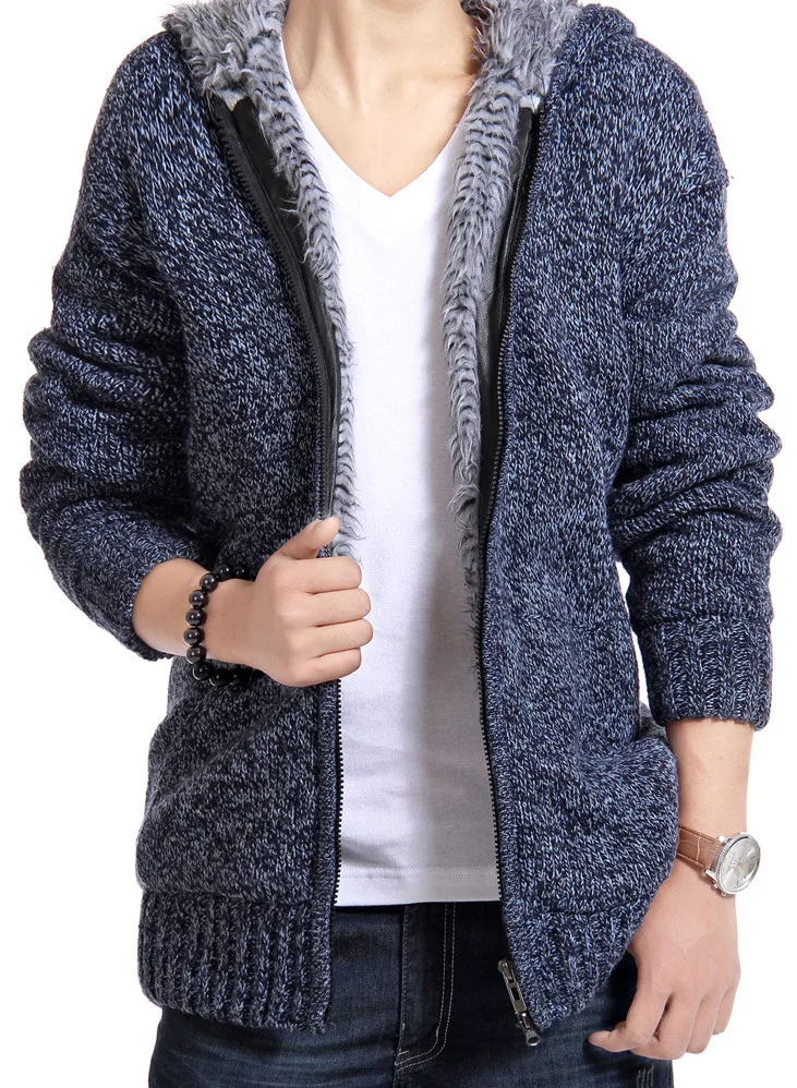 Лидер продаж, свитер на молнии с капюшоном, мужская повседневная одежда, осенне-зимний утепленный вязаный свитер, серый, синий, фиолетовый
