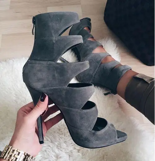 

Summer New Brand Women Dark Gray Solid Color Cuts Out Gladiator Zip Back Suede Peep Toe Thin Heels Ankle Boots Short Booties