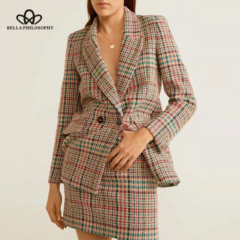

Bella philosophy 2019 Women Skirt Suit Autumn Work Office lady Two Piece Set plaid Blazer Female Slim Mini Skirts