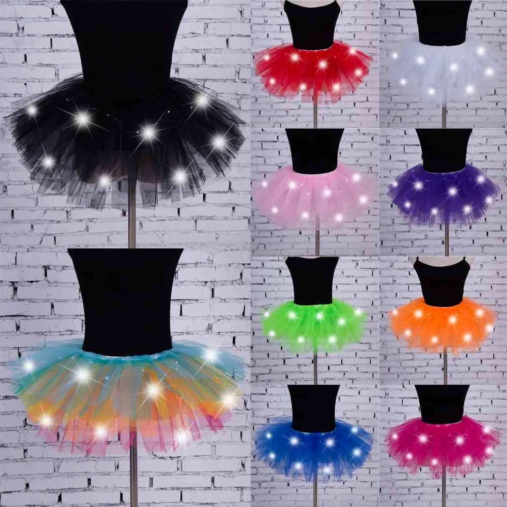 

2019 Popular modis Women 5 layers Gauze Mesh Tulle Mini Skirt Princess Skirt With LED Small BulbSkirt falda mujer spodnica #C