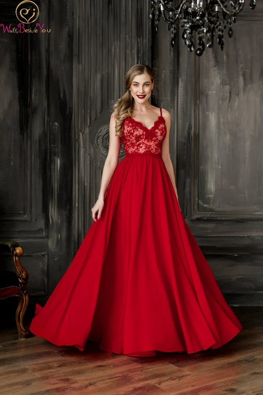 

Backless Evening Dress Red Simple Sexy Spaghetti Straps V-neck A-line Sleeveless Chiffon Floor Length Zipper Back Prom Gown