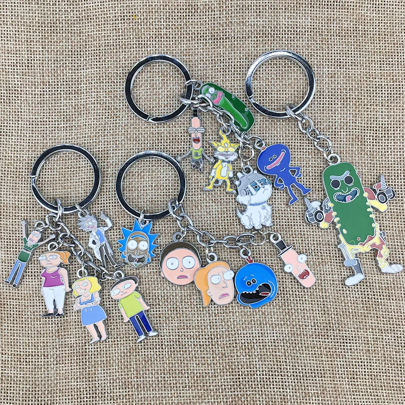 

Anime Rick and Morty Keychain Keyring 5 in 1 set Alloy Metal Pendants Cartoon Figures Key Ring Cosplay Women Men Accessories