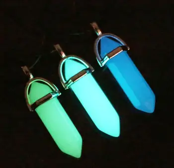

Dark Luminous Stone Fluorescent Hexagonal Column Necklace Natural Crystal Glowing in Dark Bullet Stone Pendant Leather Necklace
