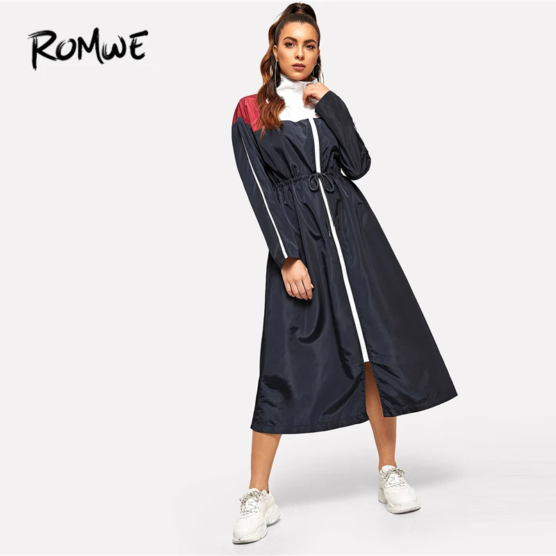 

ROMWE Waist Drawstring Zip Color Block Dress 2019 Fashion Stand Collar H Cool Spring Autumn Casual Long Sleeve Women Dress