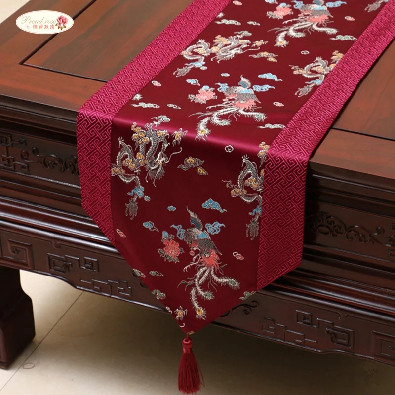 

Proud Rose Chinese style Satin Table Runner Table Cloth Home Decor Table Flag with Tassel Creative Table Cover