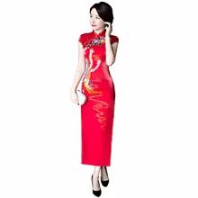 Historia shanghai hecho a mano phoenix de inyección de tinta de impresión largo rojo cheongsam qipao vestido chino tradicional clothing vestidos orientales