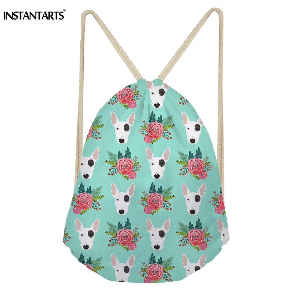 

INSTANTARTS Drawstring Bag Women Small Backpack String Sack Drawstring Bagpack Cute Bull Terrier Boston Dog Floral Print Bookbag