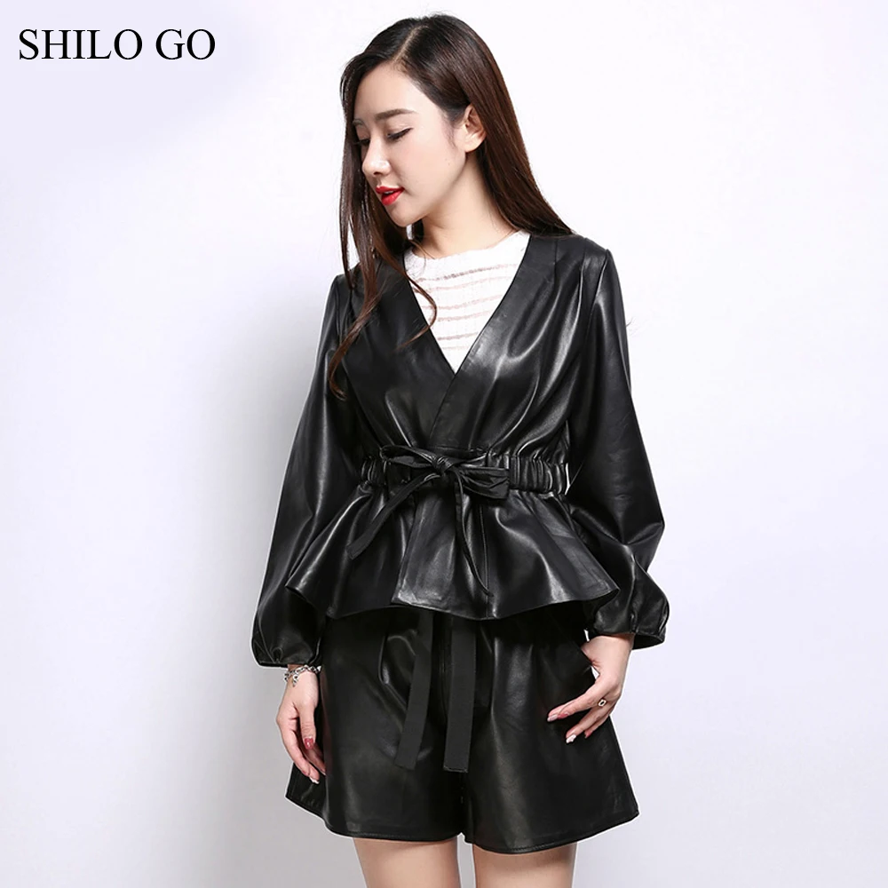 Женский кожаный костюм SHILO GO осенний комплект из натуральной овечьей кожи с v