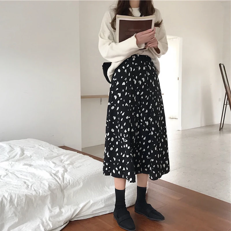 

Spring Summer Elastic Waist Print Skirt Chiffon a Line Skirt Beautiful Lady Jupe Femme Falda Mujer Gonne Gonna Saia
