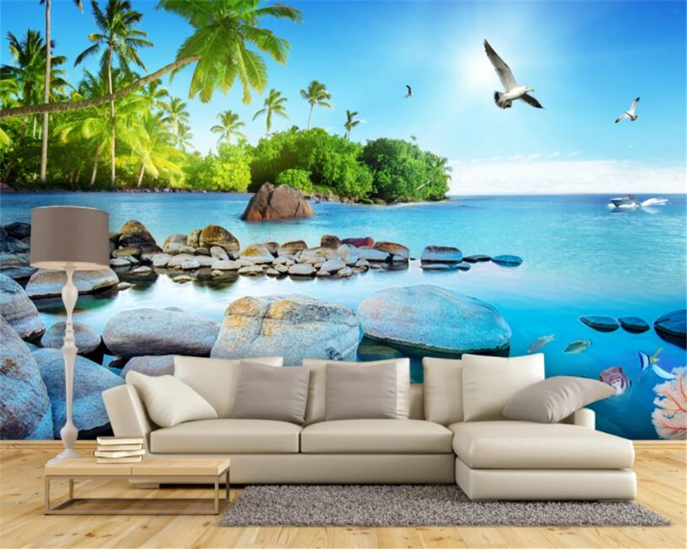 Beibehang Di Alta Qualità Carta Da Parati Spiaggia Albero Di Cocco Cielo Blu Con Nuvole Bianche 3D Paesaggio Marino Isola Tv Sfondo Parete 3D Carta Da