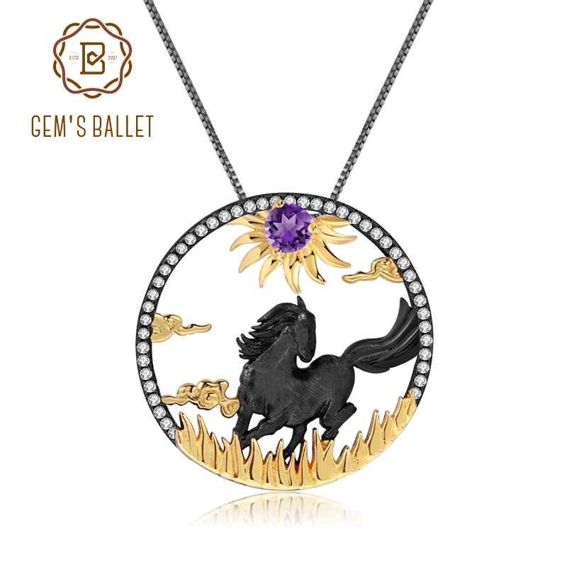 GEM'S балет натуральный аметист Зодиак ювелирные изделия 925 пробы серебро ручной работы солнце и лошадь драгоценный камень кулон ожерелье для женщин