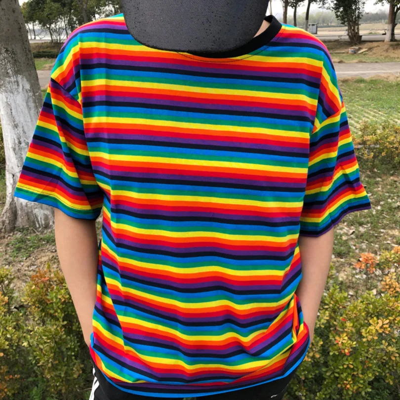 

Sping and Summer Women Punk Style Causal T-Shirt Striped Rainbow Shirt Female Harajuku Loose Tops