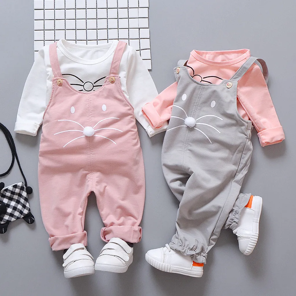 

2019 Autumn girls fall outfits Toddler Kids Baby Girl Cute Cartoon T Shirt Overalls Suspender Pants Outfits Set roupa menina