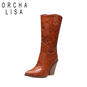 

ORCHA LISA 2019 Woman Cowboy boots Chunky heel mid- calf boots Lady Shoes western Booties Female botas feminina big size 44