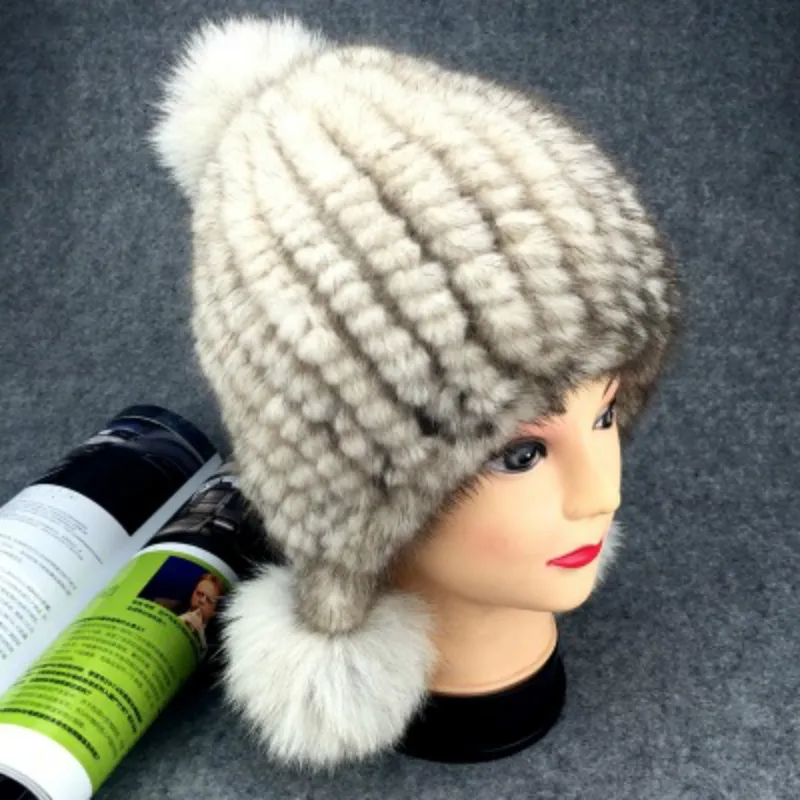 Winter New Authentic Thick Warm Mink Fur Hat Knitted Fox Fur Ball Ms Luxury fashion Winter