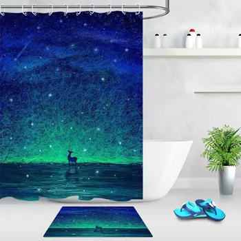 

Blue Starry Sky Green Northern Lights Deer Shower Curtains Bathroom Curtain Waterproof Polyester Fabric for Bathtub Home Decor