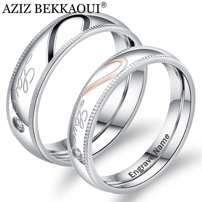 AZIZ BEKKAOUI LOVE Heart Crystal Couple Rings Engrave Name Stainless Steel Rings Promise Band Engagement Wedding Jewelry Gift