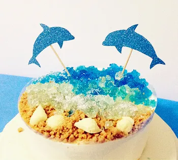 

10PCS/LOT Blue Dolphin Cake Toppers Picks Ocean Series Party Decoartion