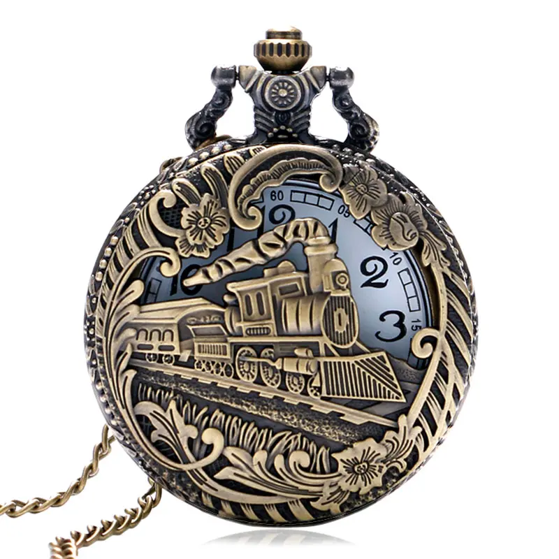 Винтажные бронзовые полые локомотив поезд узор кварцевые карманные часы для мужчин и женщин Fob часы 80 см ожерелье часы подарок P1027