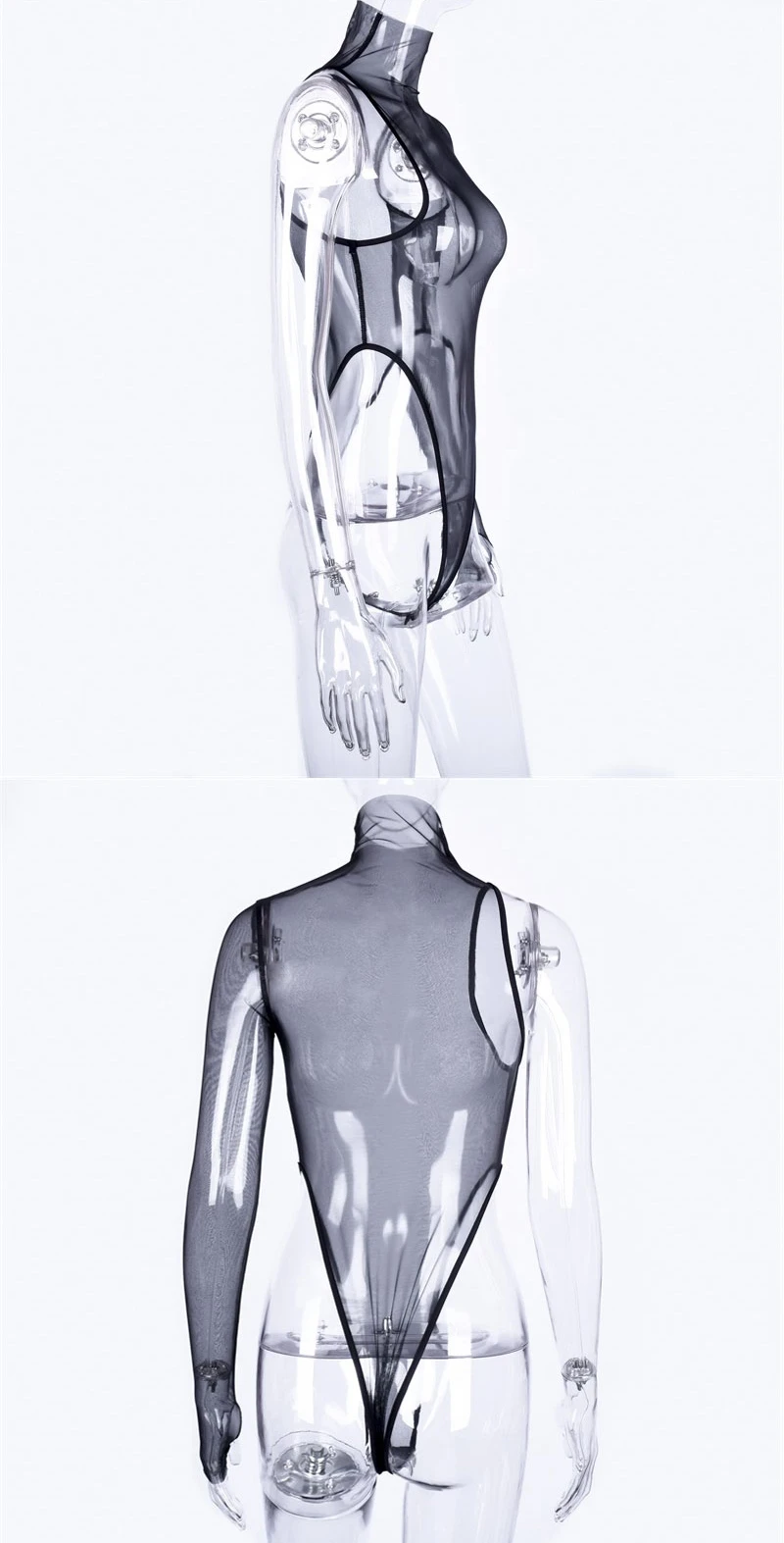 Сексуальная одно плечо Для женщин сетки Sheer длинным рукавом See-through Высокая шея Женское боди комбинезон-трико