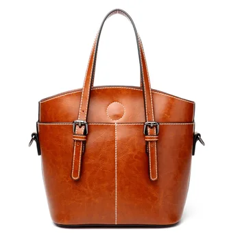 

YUFANG Oil Wax Genuine Leather Women Handbags Bucket Style Female Shoulder Bags Cowskin Messenger Bags For Ladies Retro Brown