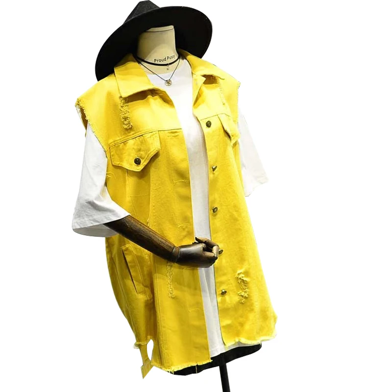 

Yellow Oversize Sleeveless Jacket Women Black Denim Vest Korean Loose Jeans Coat Asymmetry Hole Female White Cardigan Outwear