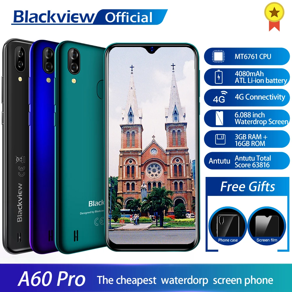 Blackview A60 Pro мобильный телефон MTK6761 Android 9 0 Pie 4080 мАч 3 ГБ + 16 Гб Смартфон с двойным