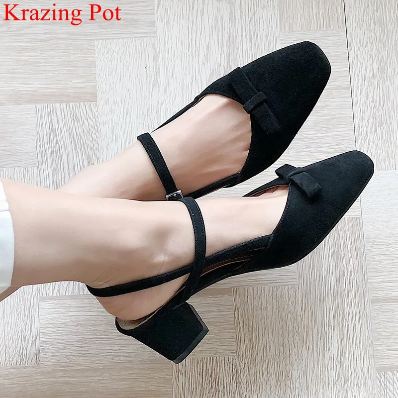 

Krazing pot genuine leather square toe buckle strap high heels mature women sandals office lady shallow concise summer shoes L56