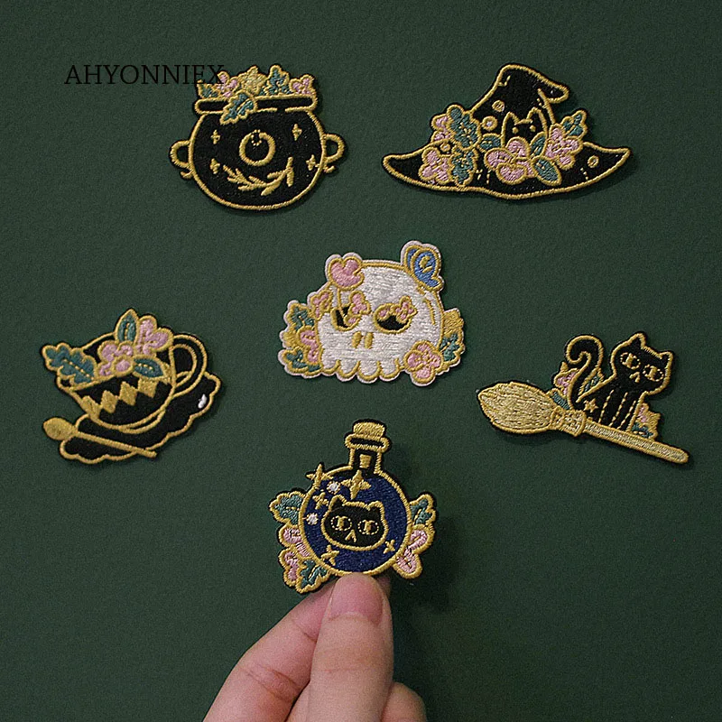 

AHYONNIEX Embroidery Witch Magic Skull Cup Black Cat Patches For DIY Clothing Iron on Patch with Hot Melt Adhesive on The Back