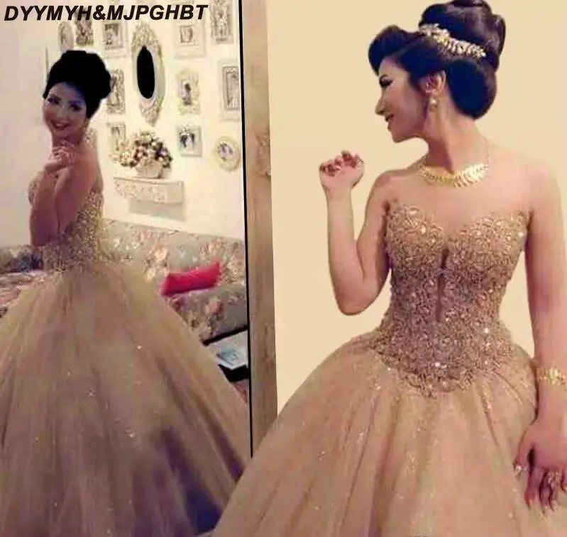 Elegant Sweetheart Golden Lace Appliques Ball Gown Evening Dresses Sexy Formal Prom Party Gowns_